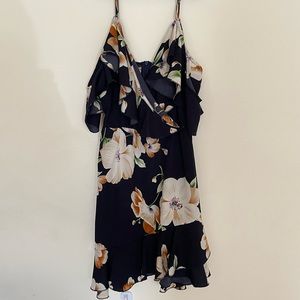 Blue floral, flutter sleeve faux wrap dress